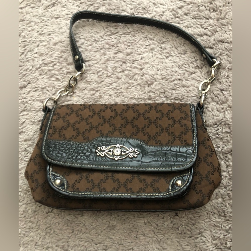 Patterned Shoulder Bag with Embossed Trim